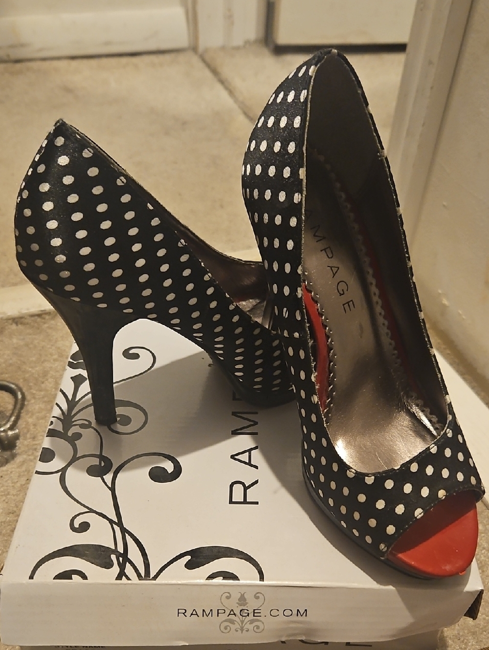 Rampage Black and White Polka Dot Peep-Toe Heels with Red Interior